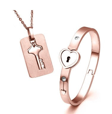 Couples Charm Key Necklace Lock Bracelet Set